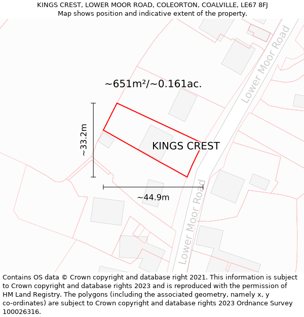 KINGS CREST, LOWER MOOR ROAD, COLEORTON, COALVILLE, LE67 8FJ: Plot and title map