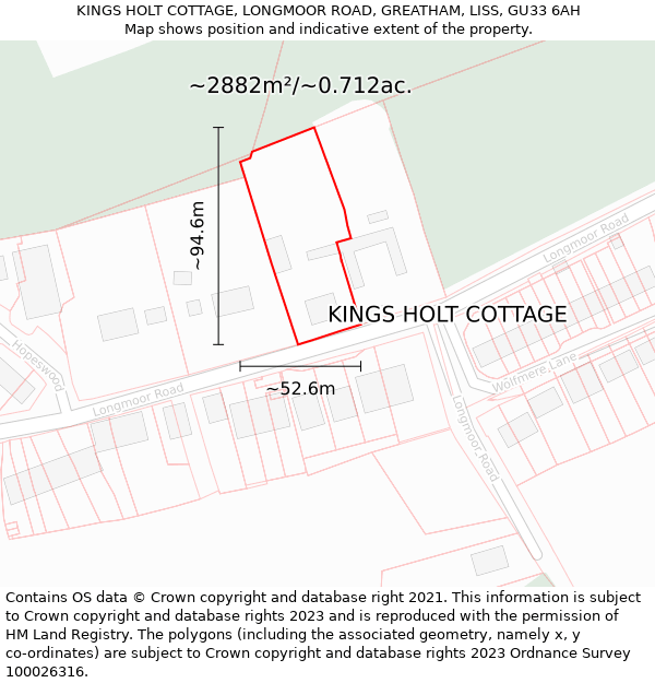 KINGS HOLT COTTAGE, LONGMOOR ROAD, GREATHAM, LISS, GU33 6AH: Plot and title map