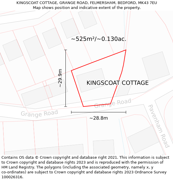 KINGSCOAT COTTAGE, GRANGE ROAD, FELMERSHAM, BEDFORD, MK43 7EU: Plot and title map