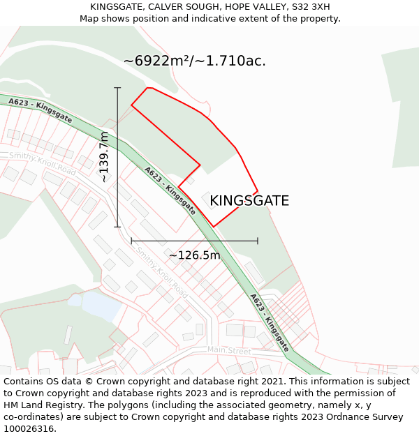 KINGSGATE, CALVER SOUGH, HOPE VALLEY, S32 3XH: Plot and title map