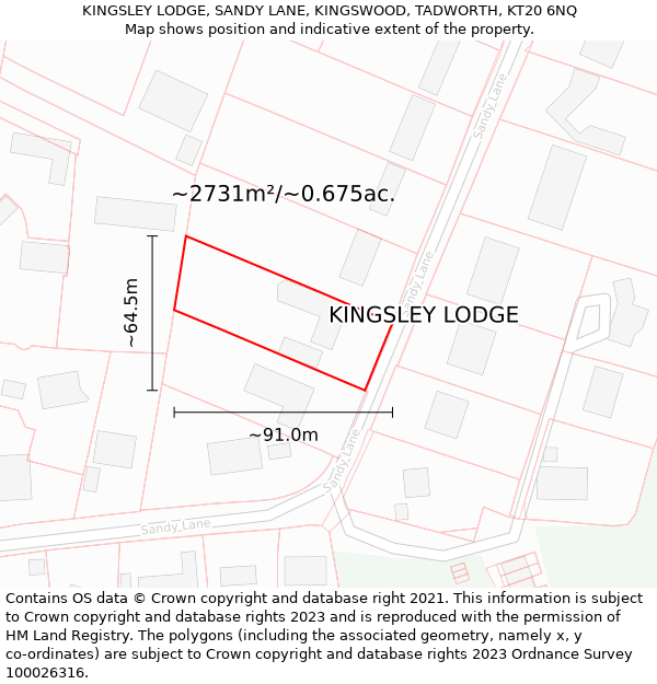 KINGSLEY LODGE, SANDY LANE, KINGSWOOD, TADWORTH, KT20 6NQ: Plot and title map