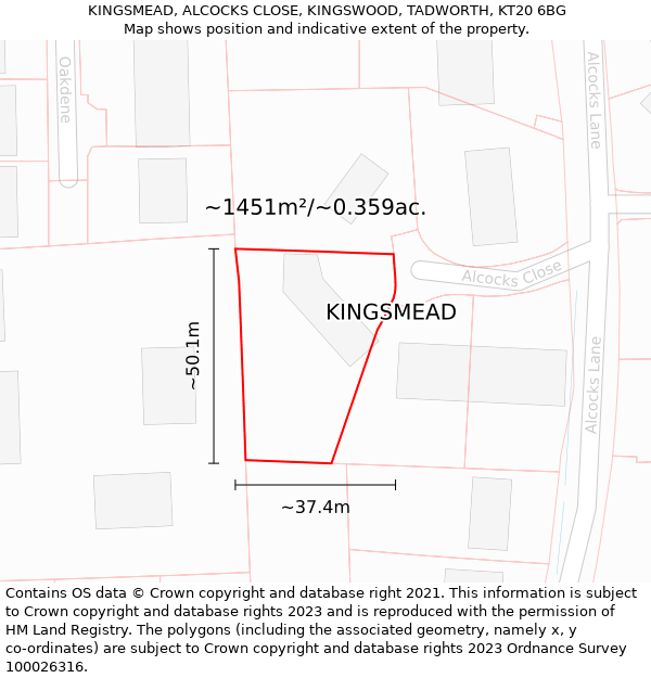 KINGSMEAD, ALCOCKS CLOSE, KINGSWOOD, TADWORTH, KT20 6BG: Plot and title map