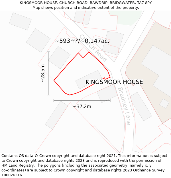 KINGSMOOR HOUSE, CHURCH ROAD, BAWDRIP, BRIDGWATER, TA7 8PY: Plot and title map