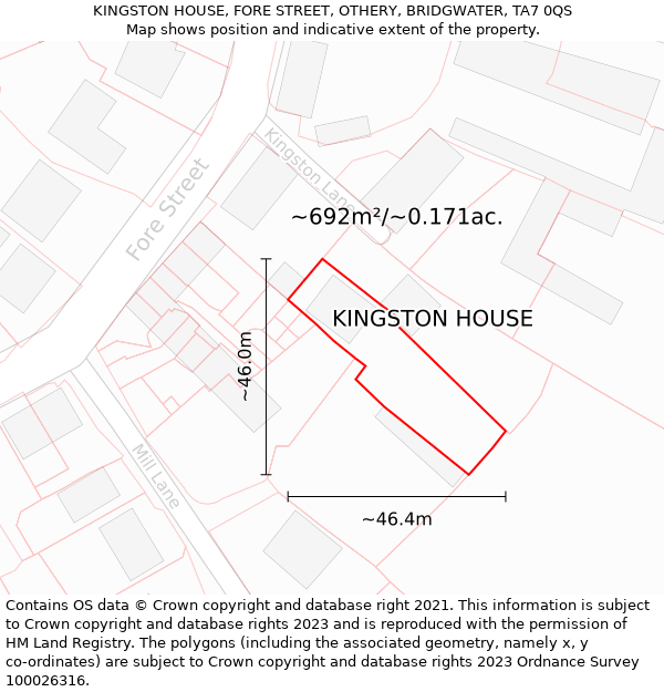 KINGSTON HOUSE, FORE STREET, OTHERY, BRIDGWATER, TA7 0QS: Plot and title map