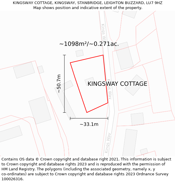 KINGSWAY COTTAGE, KINGSWAY, STANBRIDGE, LEIGHTON BUZZARD, LU7 9HZ: Plot and title map