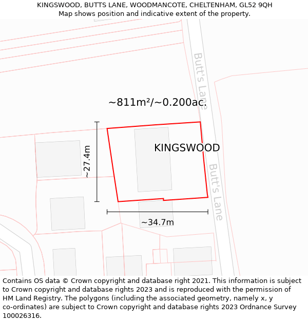 KINGSWOOD, BUTTS LANE, WOODMANCOTE, CHELTENHAM, GL52 9QH: Plot and title map