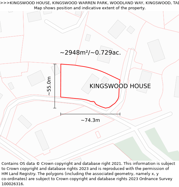 KINGSWOOD HOUSE, KINGSWOOD WARREN PARK, WOODLAND WAY, KINGSWOOD, TADWORTH, KT20 6AD: Plot and title map