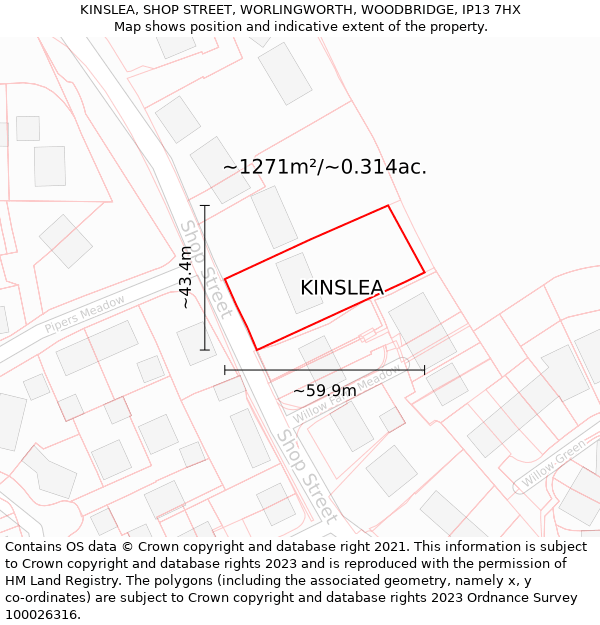 KINSLEA, SHOP STREET, WORLINGWORTH, WOODBRIDGE, IP13 7HX: Plot and title map
