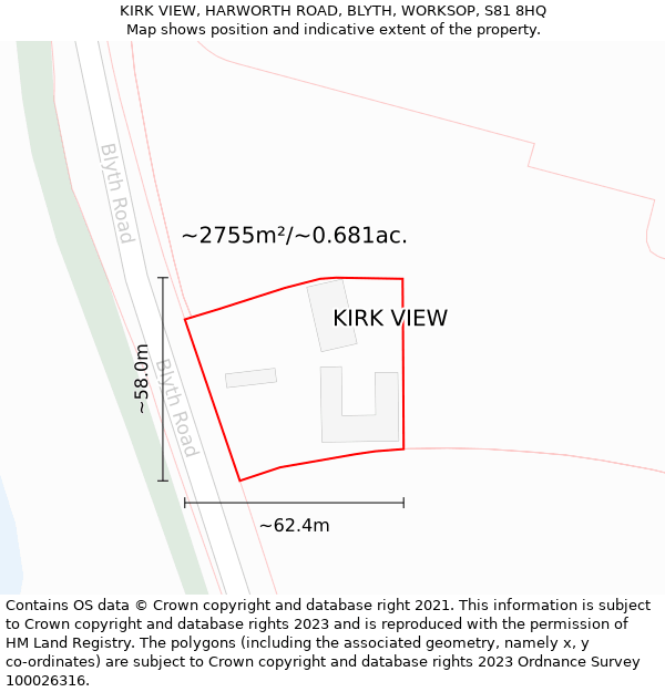 KIRK VIEW, HARWORTH ROAD, BLYTH, WORKSOP, S81 8HQ: Plot and title map