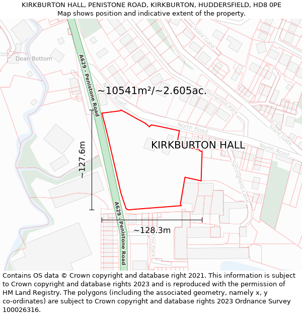 KIRKBURTON HALL, PENISTONE ROAD, KIRKBURTON, HUDDERSFIELD, HD8 0PE: Plot and title map