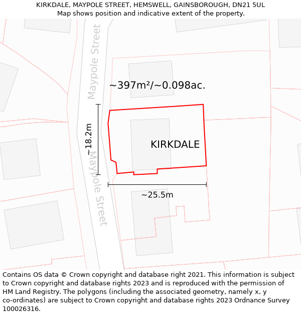 KIRKDALE, MAYPOLE STREET, HEMSWELL, GAINSBOROUGH, DN21 5UL: Plot and title map
