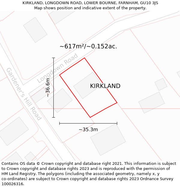 KIRKLAND, LONGDOWN ROAD, LOWER BOURNE, FARNHAM, GU10 3JS: Plot and title map