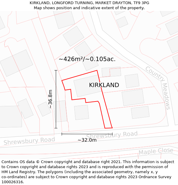 KIRKLAND, LONGFORD TURNING, MARKET DRAYTON, TF9 3PG: Plot and title map