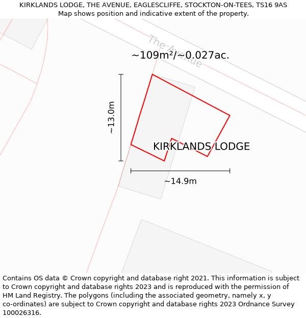 KIRKLANDS LODGE, THE AVENUE, EAGLESCLIFFE, STOCKTON-ON-TEES, TS16 9AS: Plot and title map