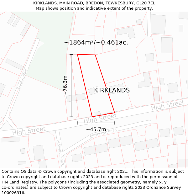 KIRKLANDS, MAIN ROAD, BREDON, TEWKESBURY, GL20 7EL: Plot and title map