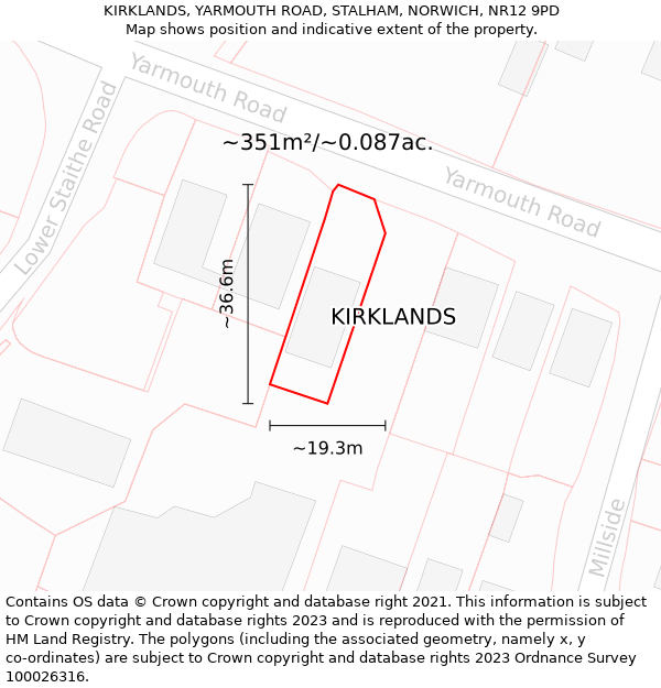 KIRKLANDS, YARMOUTH ROAD, STALHAM, NORWICH, NR12 9PD: Plot and title map