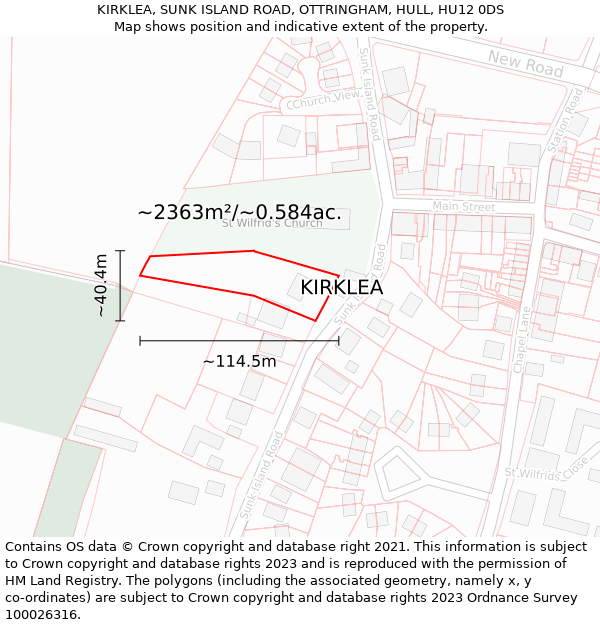 KIRKLEA, SUNK ISLAND ROAD, OTTRINGHAM, HULL, HU12 0DS: Plot and title map