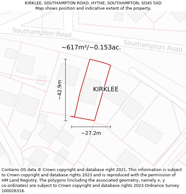 KIRKLEE, SOUTHAMPTON ROAD, HYTHE, SOUTHAMPTON, SO45 5AD: Plot and title map