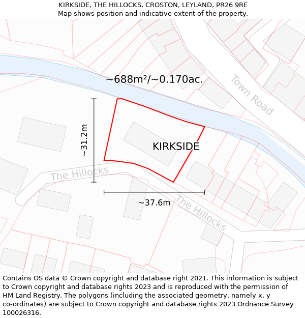 KIRKSIDE, THE HILLOCKS, CROSTON, LEYLAND, PR26 9RE: Plot and title map