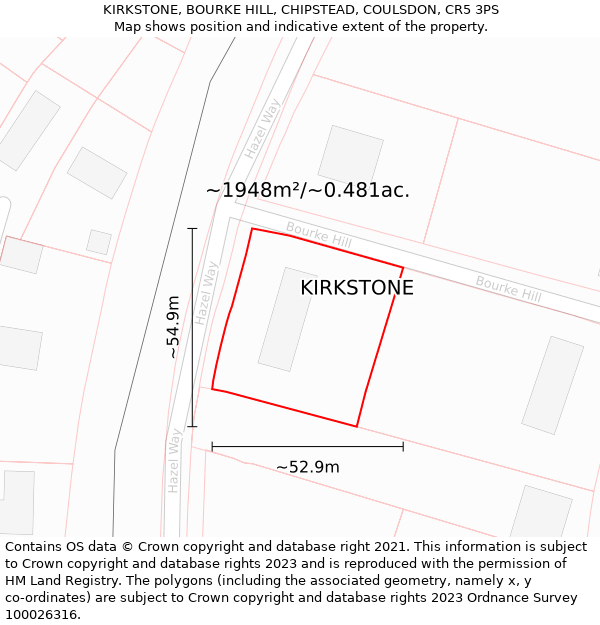 KIRKSTONE, BOURKE HILL, CHIPSTEAD, COULSDON, CR5 3PS: Plot and title map