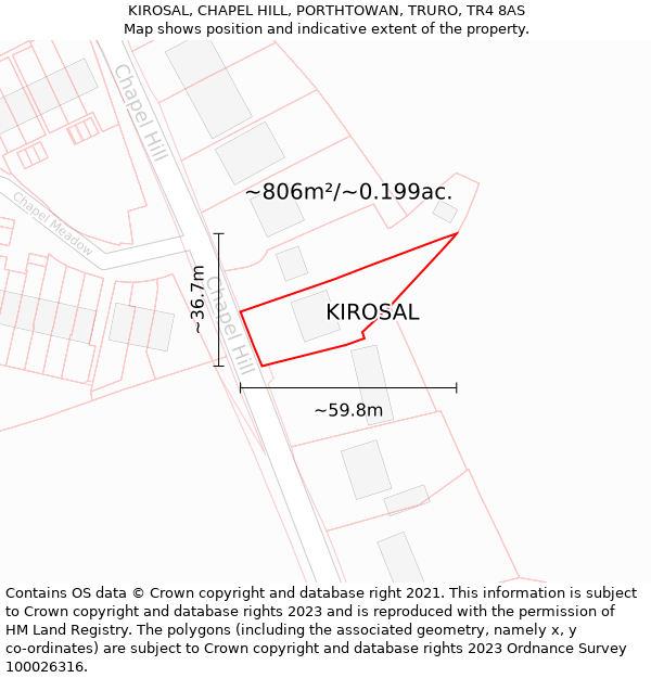 KIROSAL, CHAPEL HILL, PORTHTOWAN, TRURO, TR4 8AS: Plot and title map