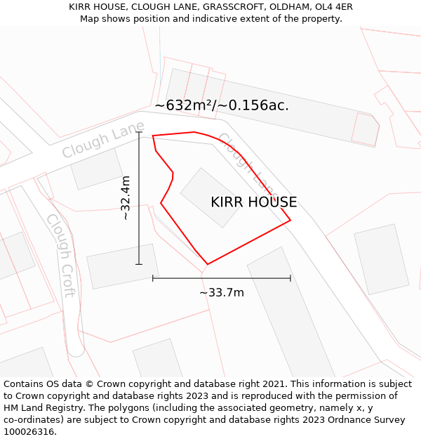 KIRR HOUSE, CLOUGH LANE, GRASSCROFT, OLDHAM, OL4 4ER: Plot and title map