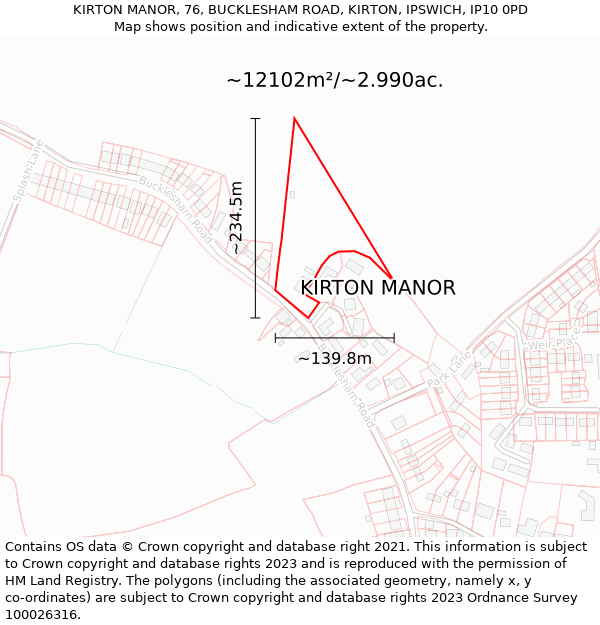 KIRTON MANOR, 76, BUCKLESHAM ROAD, KIRTON, IPSWICH, IP10 0PD: Plot and title map