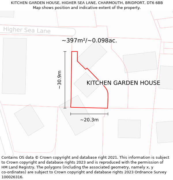 KITCHEN GARDEN HOUSE, HIGHER SEA LANE, CHARMOUTH, BRIDPORT, DT6 6BB: Plot and title map