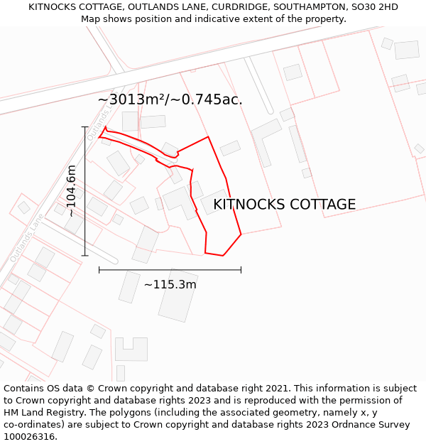 KITNOCKS COTTAGE, OUTLANDS LANE, CURDRIDGE, SOUTHAMPTON, SO30 2HD: Plot and title map