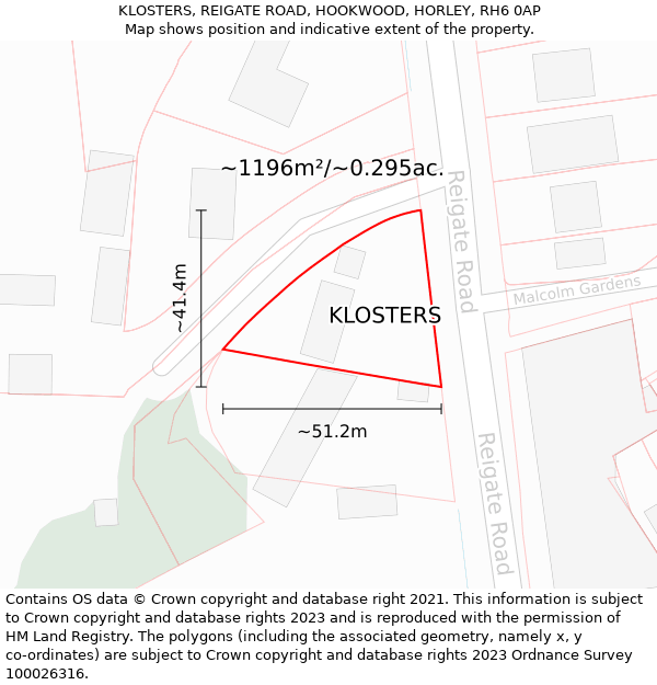 KLOSTERS, REIGATE ROAD, HOOKWOOD, HORLEY, RH6 0AP: Plot and title map