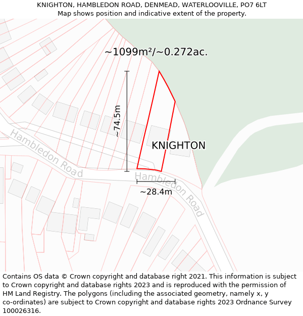 KNIGHTON, HAMBLEDON ROAD, DENMEAD, WATERLOOVILLE, PO7 6LT: Plot and title map