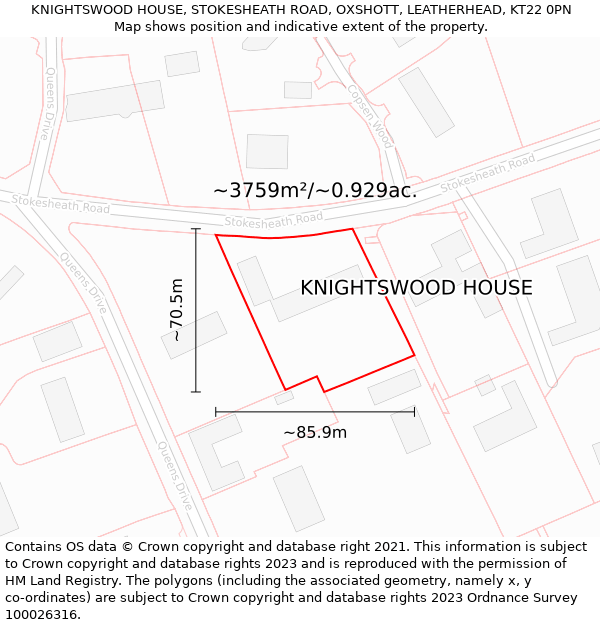 KNIGHTSWOOD HOUSE, STOKESHEATH ROAD, OXSHOTT, LEATHERHEAD, KT22 0PN: Plot and title map