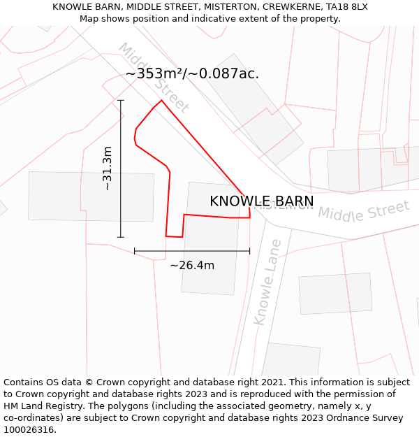 KNOWLE BARN, MIDDLE STREET, MISTERTON, CREWKERNE, TA18 8LX: Plot and title map