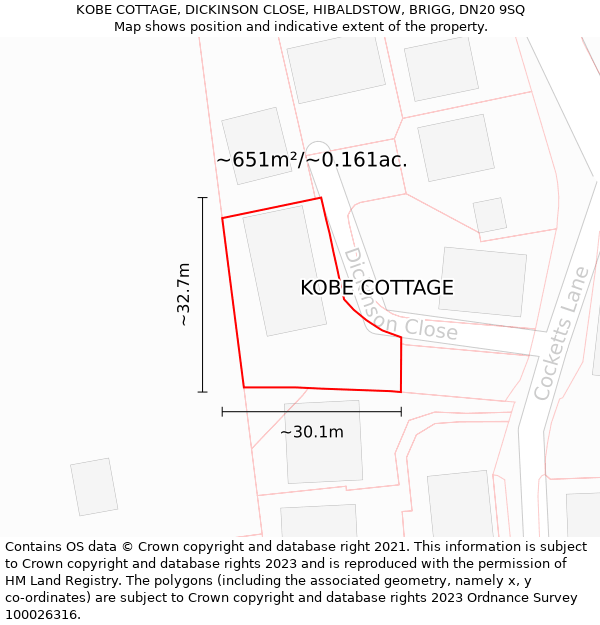 KOBE COTTAGE, DICKINSON CLOSE, HIBALDSTOW, BRIGG, DN20 9SQ: Plot and title map