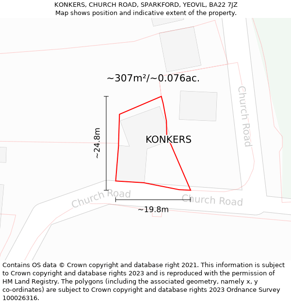 KONKERS, CHURCH ROAD, SPARKFORD, YEOVIL, BA22 7JZ: Plot and title map