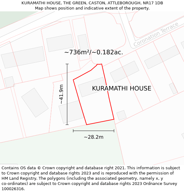 KURAMATHI HOUSE, THE GREEN, CASTON, ATTLEBOROUGH, NR17 1DB: Plot and title map