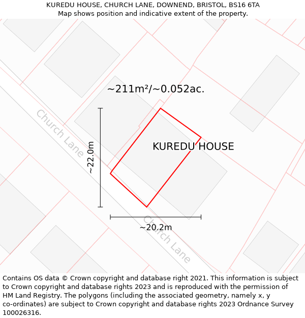 KUREDU HOUSE, CHURCH LANE, DOWNEND, BRISTOL, BS16 6TA: Plot and title map