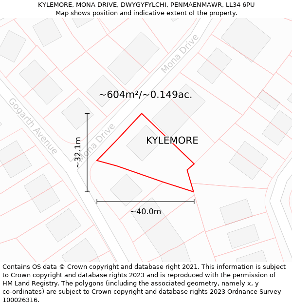 KYLEMORE, MONA DRIVE, DWYGYFYLCHI, PENMAENMAWR, LL34 6PU: Plot and title map