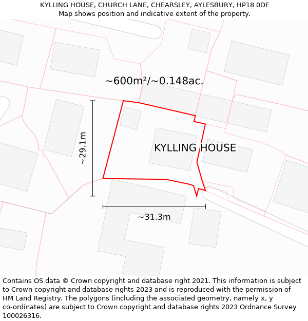 KYLLING HOUSE, CHURCH LANE, CHEARSLEY, AYLESBURY, HP18 0DF: Plot and title map