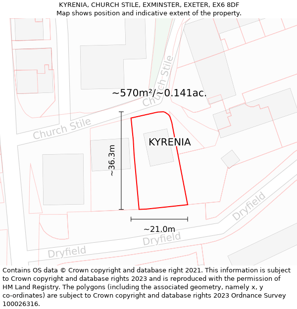 KYRENIA, CHURCH STILE, EXMINSTER, EXETER, EX6 8DF: Plot and title map