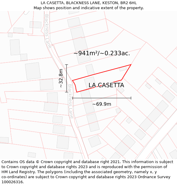 LA CASETTA, BLACKNESS LANE, KESTON, BR2 6HL: Plot and title map