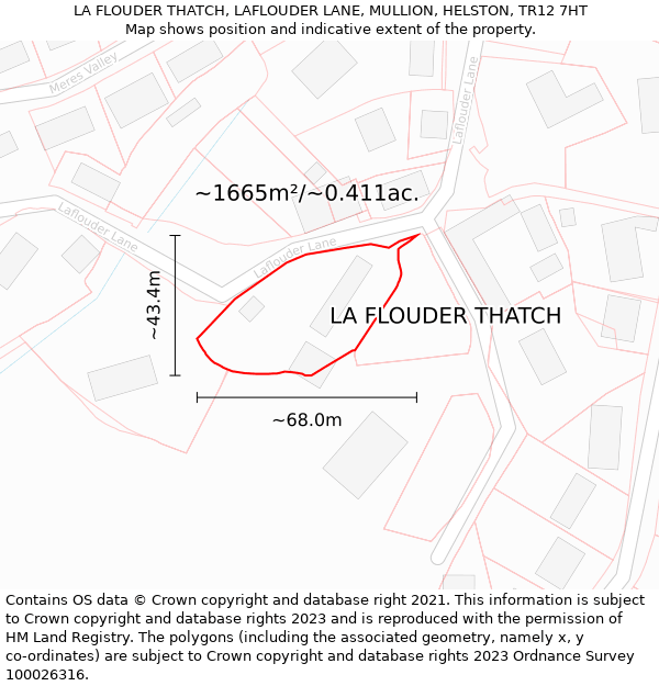 LA FLOUDER THATCH, LAFLOUDER LANE, MULLION, HELSTON, TR12 7HT: Plot and title map