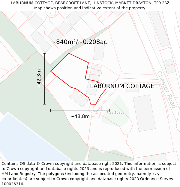 LABURNUM COTTAGE, BEARCROFT LANE, HINSTOCK, MARKET DRAYTON, TF9 2SZ: Plot and title map