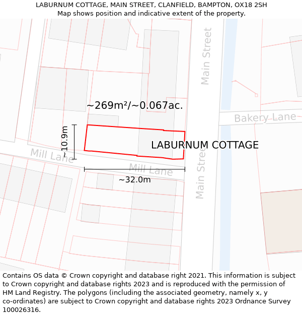 LABURNUM COTTAGE, MAIN STREET, CLANFIELD, BAMPTON, OX18 2SH: Plot and title map