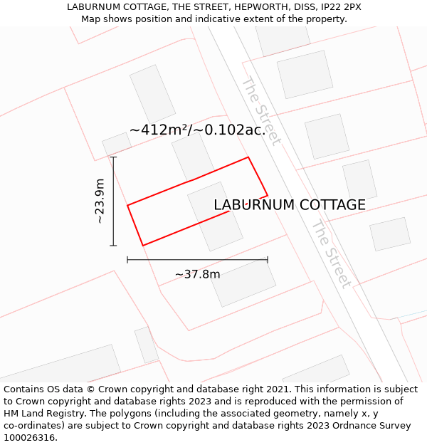 LABURNUM COTTAGE, THE STREET, HEPWORTH, DISS, IP22 2PX: Plot and title map