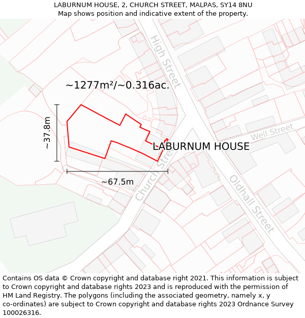 LABURNUM HOUSE, 2, CHURCH STREET, MALPAS, SY14 8NU: Plot and title map