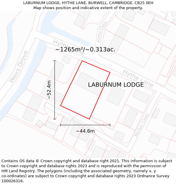 LABURNUM LODGE, HYTHE LANE, BURWELL, CAMBRIDGE, CB25 0EH: Plot and title map