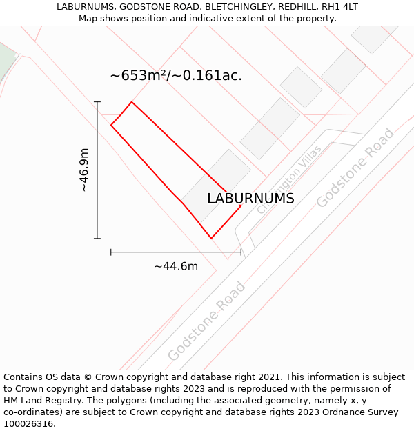 LABURNUMS, GODSTONE ROAD, BLETCHINGLEY, REDHILL, RH1 4LT: Plot and title map