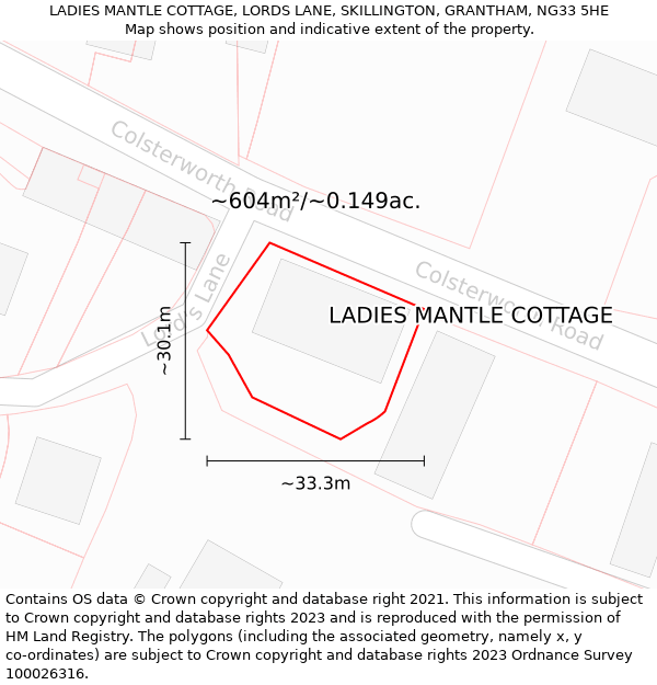 LADIES MANTLE COTTAGE, LORDS LANE, SKILLINGTON, GRANTHAM, NG33 5HE: Plot and title map