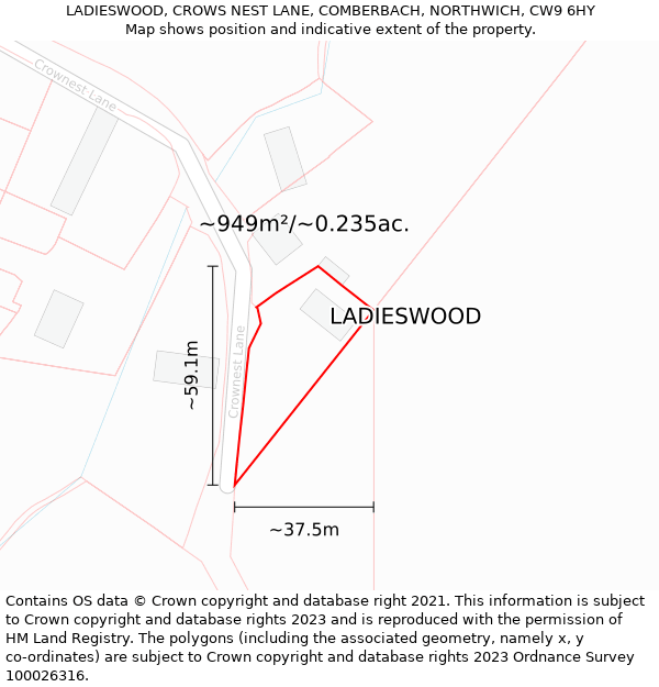 LADIESWOOD, CROWS NEST LANE, COMBERBACH, NORTHWICH, CW9 6HY: Plot and title map